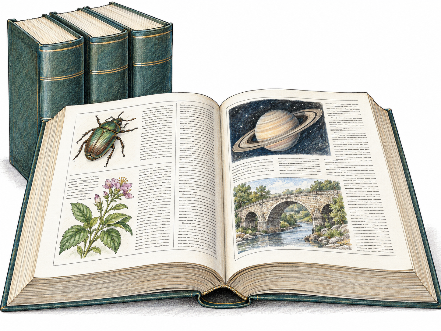 A substantial illustrated reference volume lies open beside matching companion volumes.