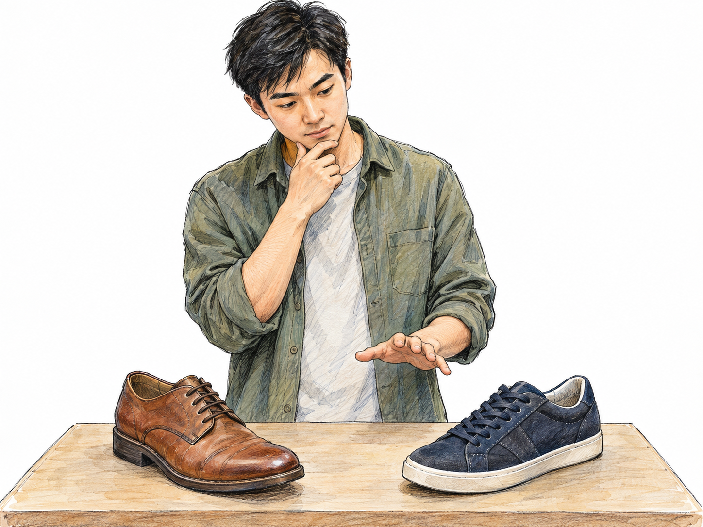 A shopper considers two different shoes offered side by side, with a hand hovering between them: either shoe is an available alternative.
