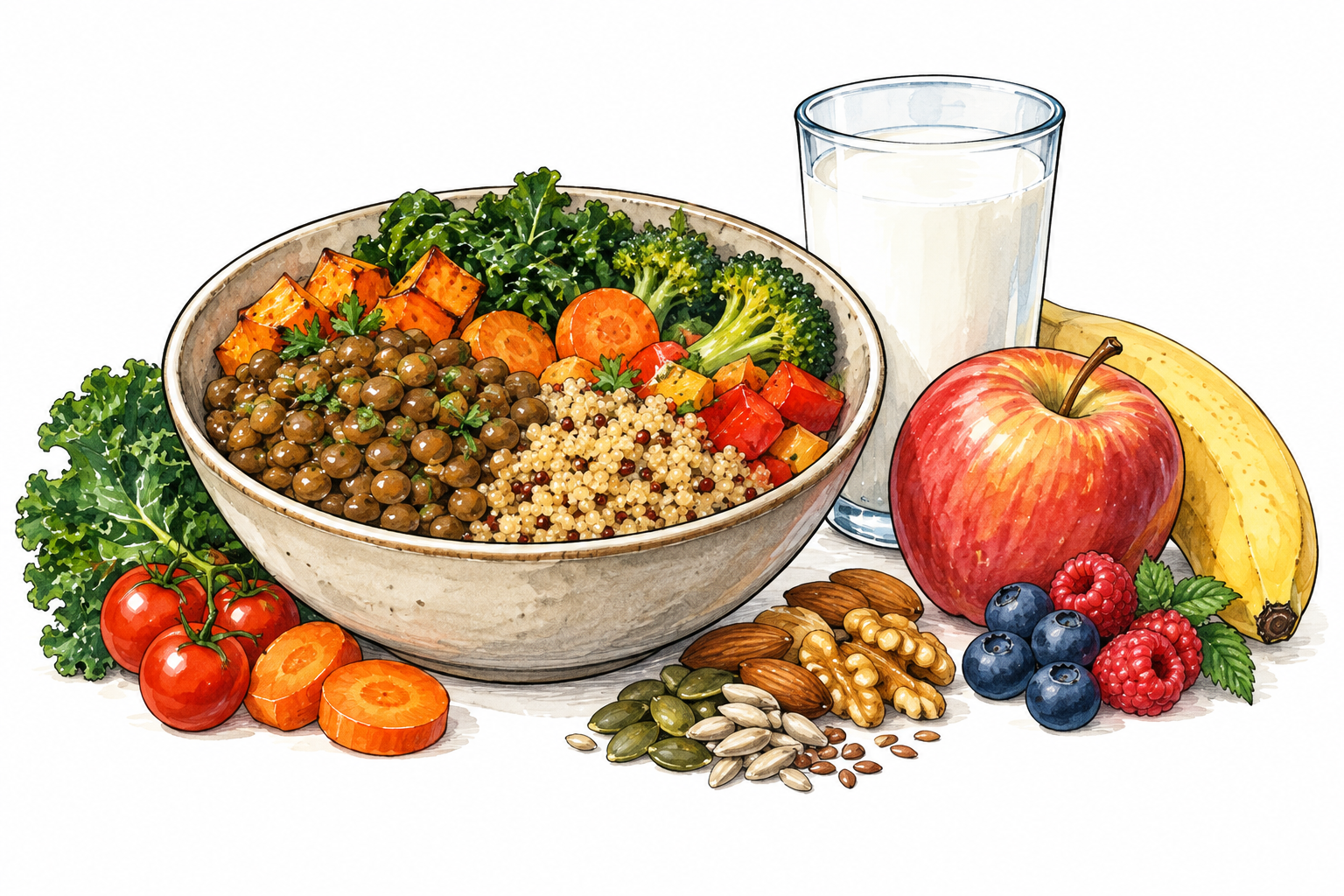 A nourishing bowl of lentils vegetables and grains beside milk and fruit, abundant varied wholesome nutrients.