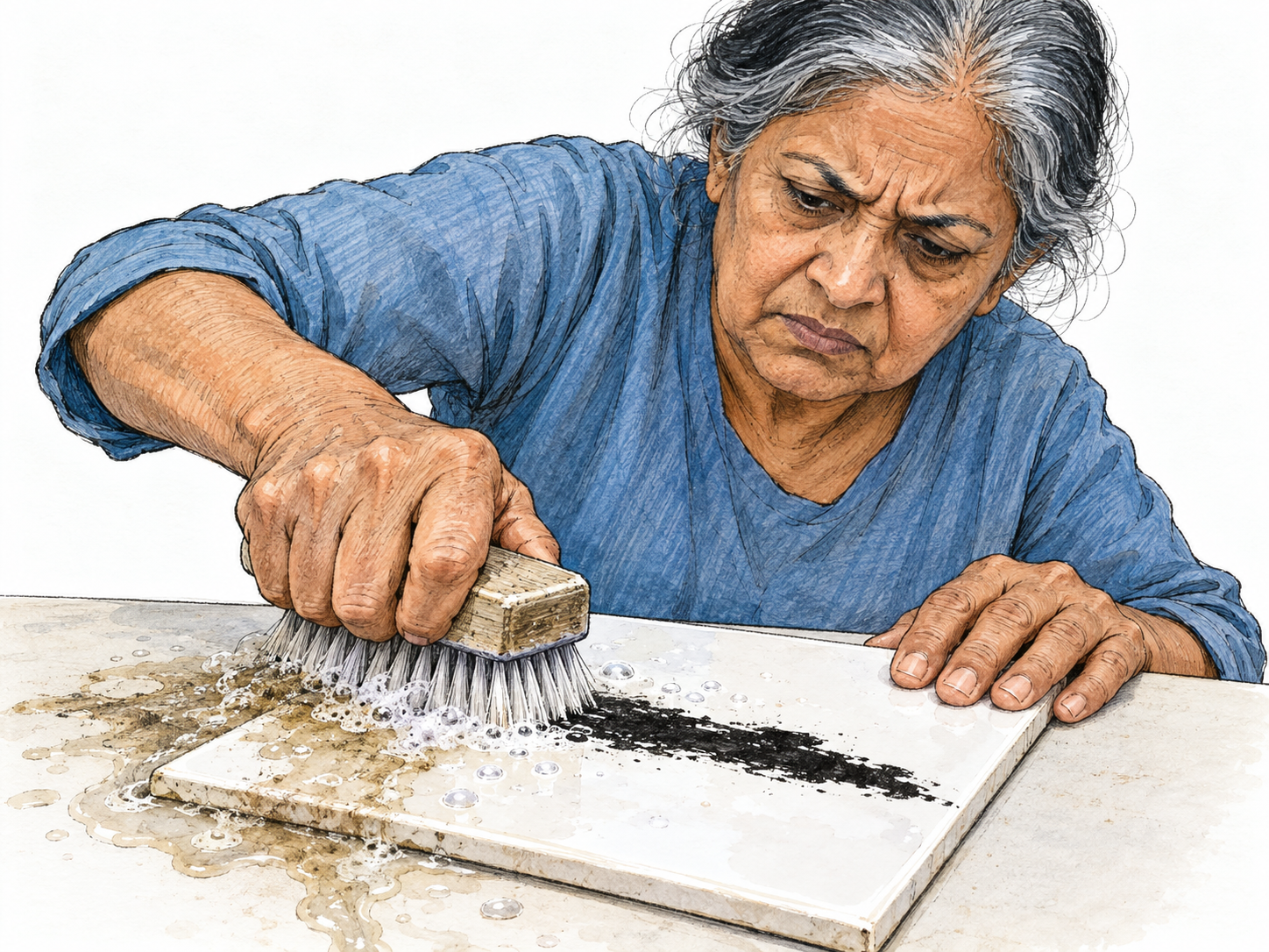 An older woman vigorously scrubs a bold black ink mark on a white tile; surrounding grime washes away, but the mark remains sharply intact beneath the wet brush and suds.