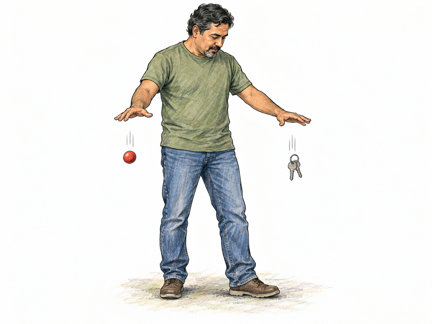 A man simultaneously releases a ball and a set of keys; both fall straight down toward the ground, making Earth's downward pull visible through two different unsupported objects.