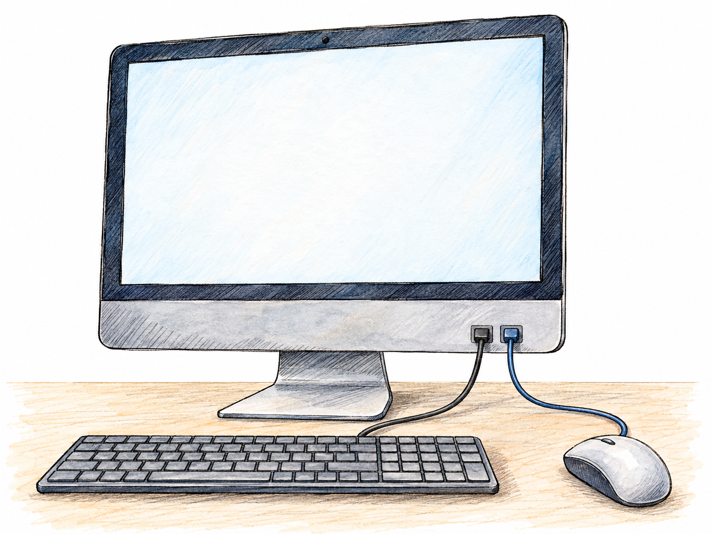 A desktop computer visibly connected to a keyboard and mouse by electrical cables, illustrating the literal cabled sense of “wired.”.