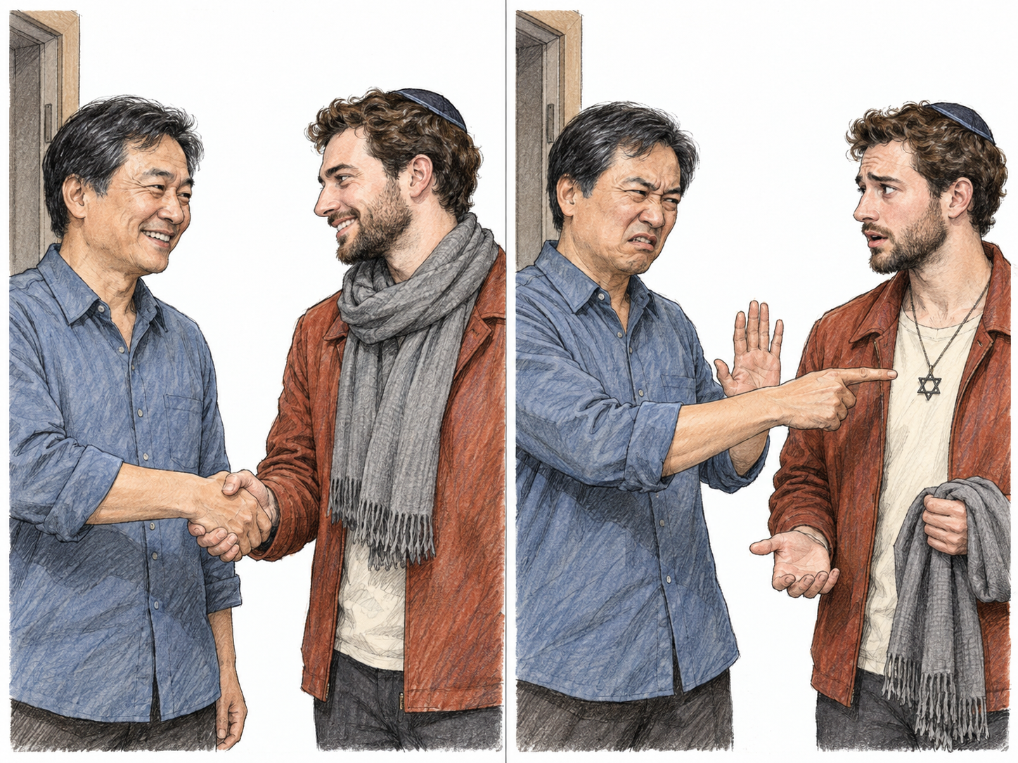A friendly greeting turns into contemptuous rejection when one person notices the other person's Jewish religious pendant.
