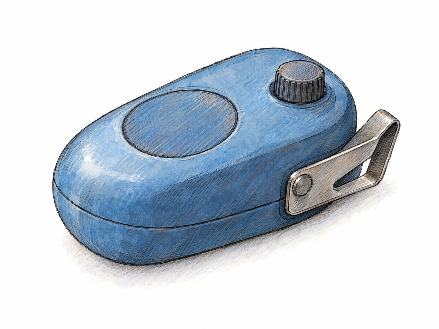 A single palm-sized, unnamed gadget with a rounded casing, a small turning knob, and a hinged metal clip, isolated on white ground.