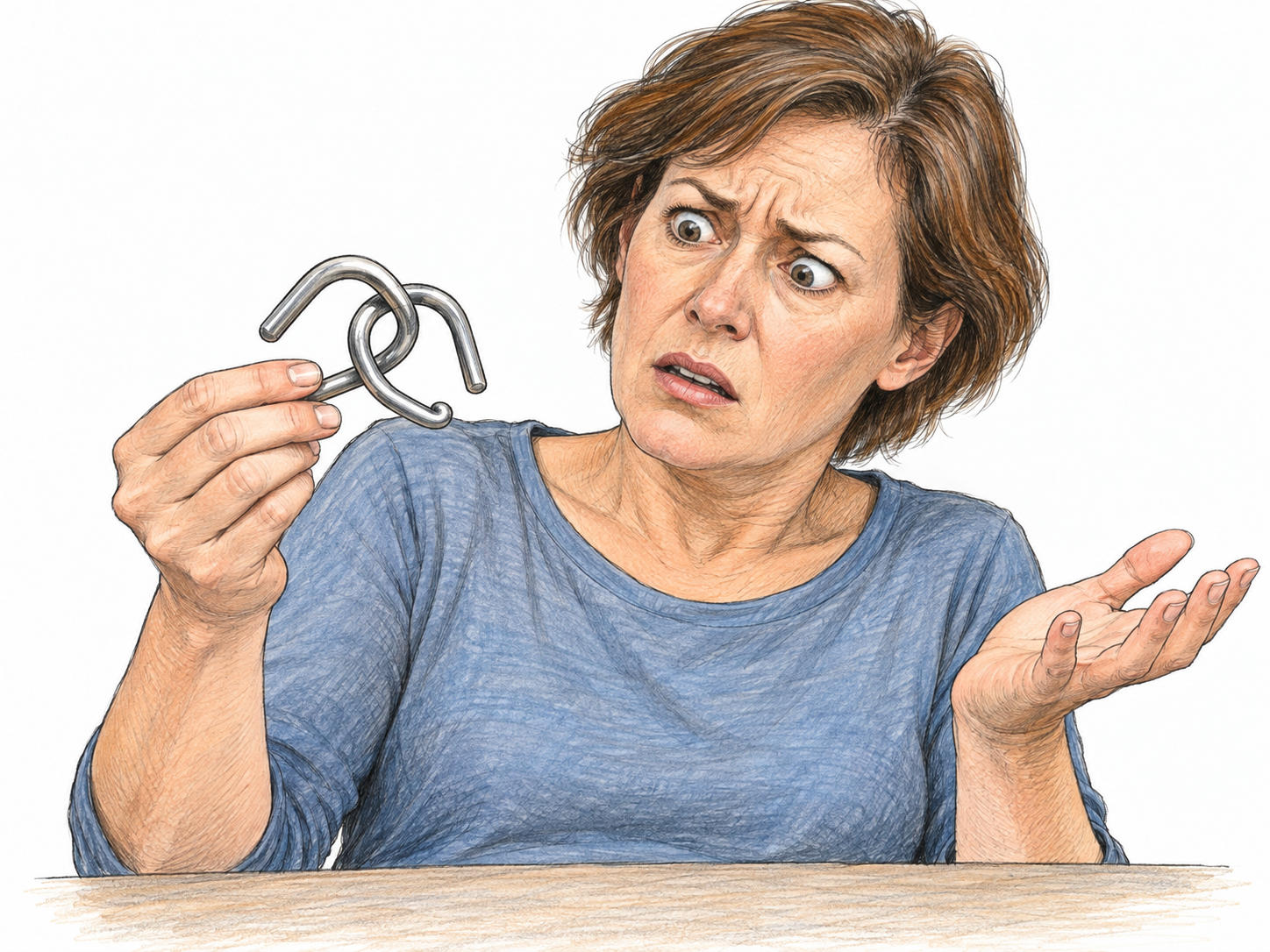 A woman is utterly bewildered by a tangled mechanical disentanglement puzzle: she holds its interlocked metal loops in front of her, staring between the incompatible pieces with raised, knitted brows and a helpless open hand.