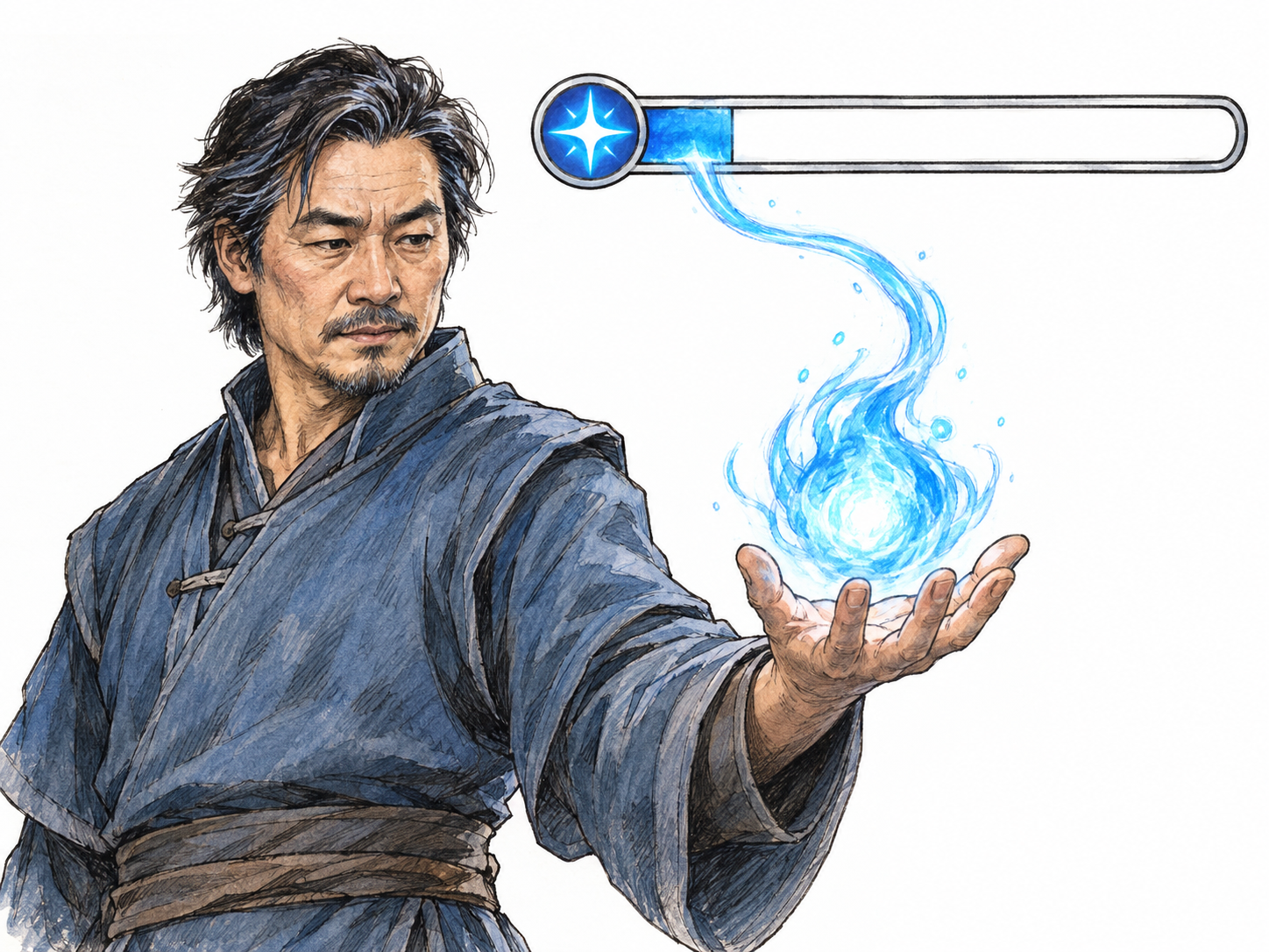 A fantasy-game spellcaster draws luminous blue energy from a partially depleted, unlabeled game resource bar into a spell above his palm.