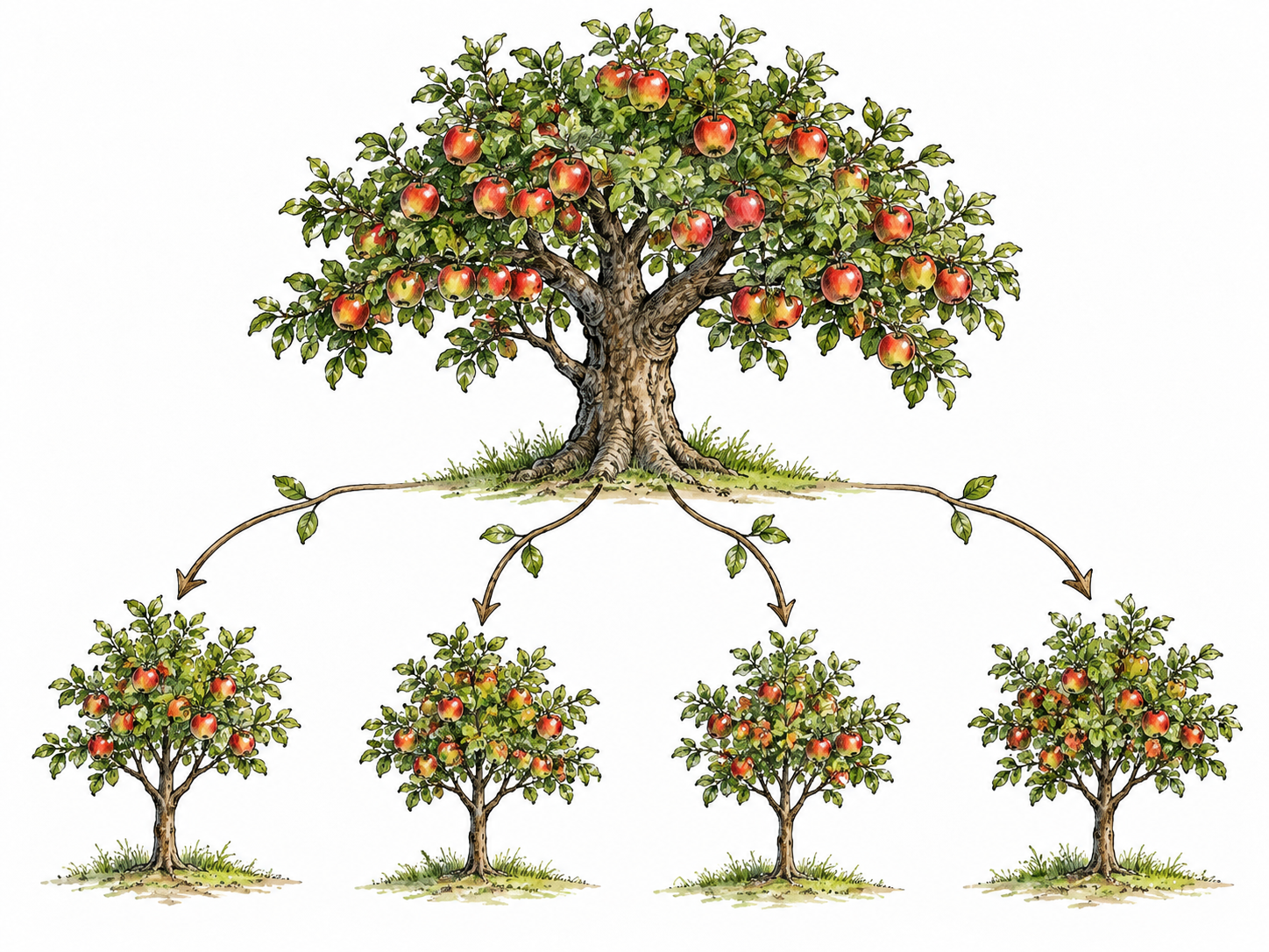 A simple branching visual showing an old apple tree as the source of several younger apple trees, connected by subtle branchlike arrows, ancestor/source relation clear, no text.