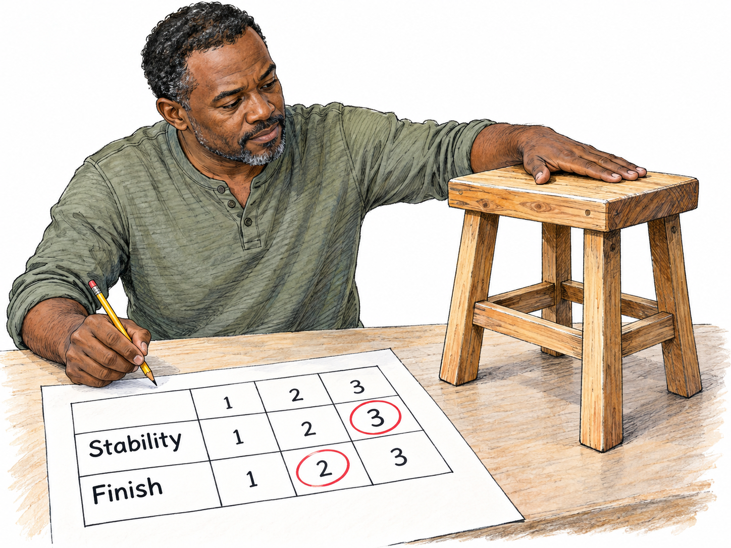 An evaluator judges a handmade wooden stool using a visible criteria-and-score grid, comparing the stool's stability and finish with the standards on the sheet.