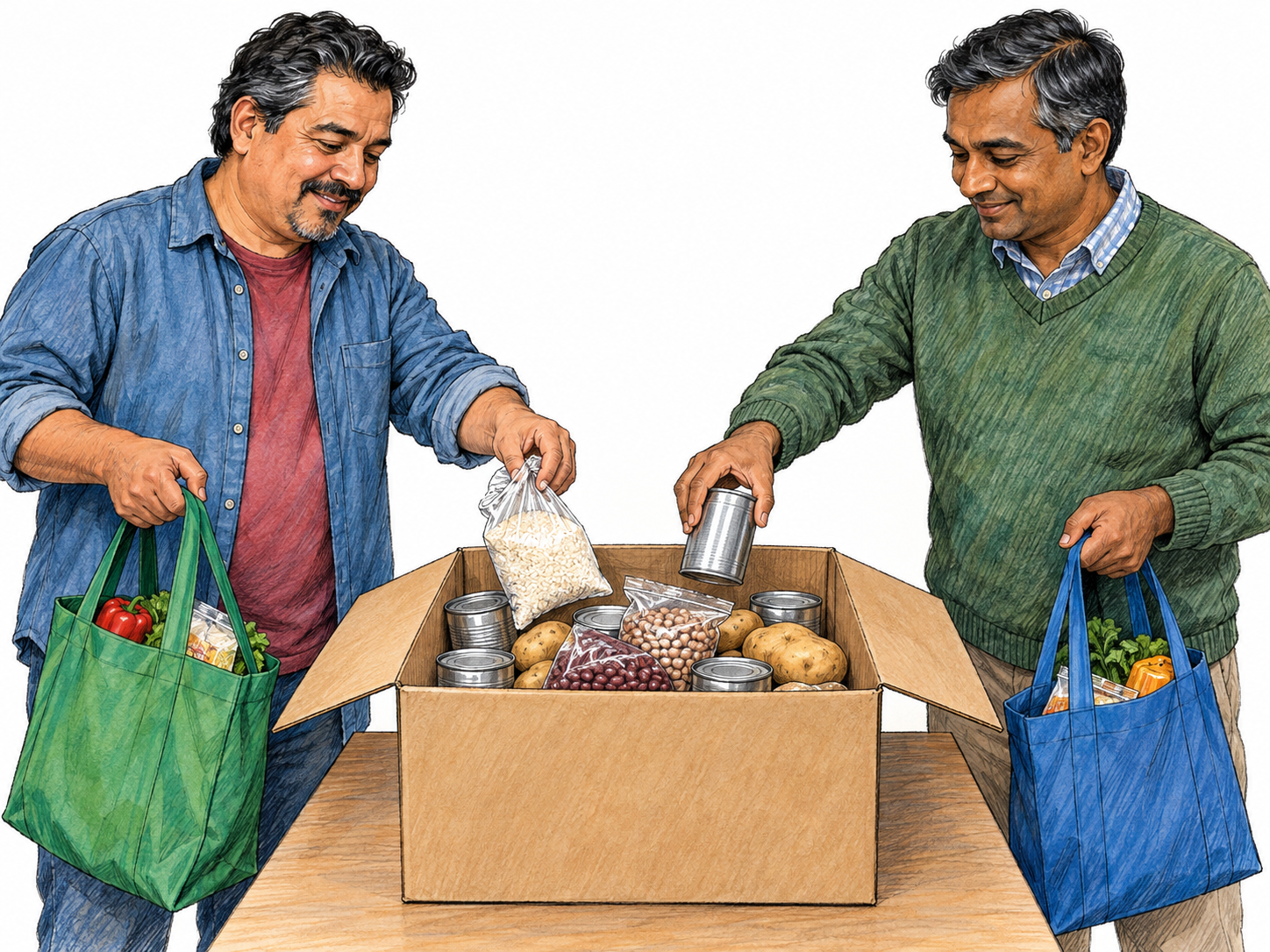 Two people each add food from their own grocery bag to the same shared collection box, making their individual contributions to a pooled supply visible.