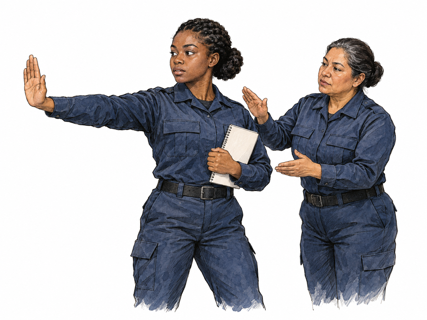 A uniformed police cadet attentively practices a simple traffic-control hand signal under one instructor's guidance, holding a blank training notebook under other arm.
