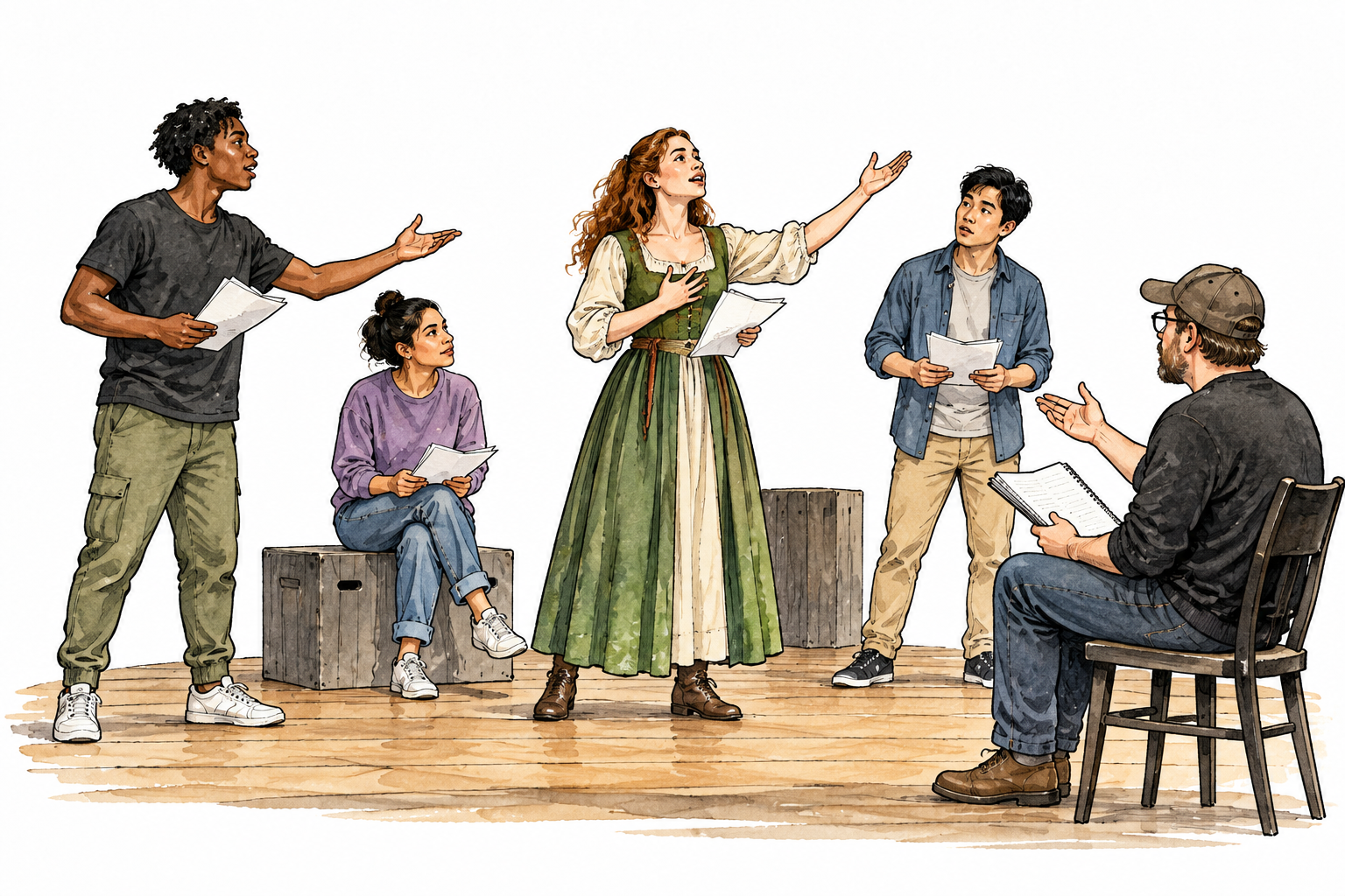 Diverse theater actors rehearse on a simple stage while director follows a script.