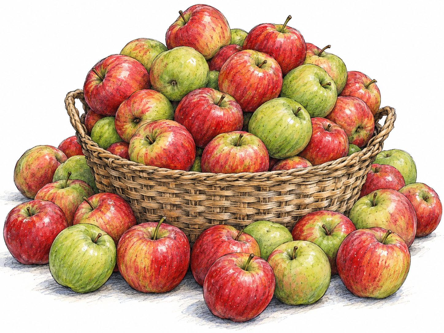 A shallow basket overflowing with a large number of ripe apples, with many more clustered around its base; the sheer abundance is the focal point.