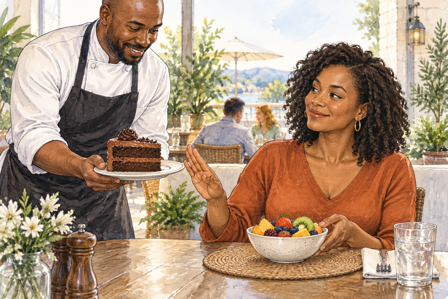 A diner chooses a bowl of fresh fruit as an alternative to a slice of cake being offered, clear substitution, no words.