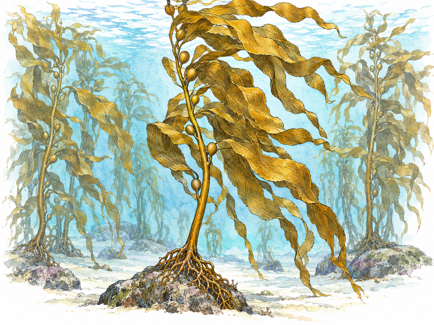 A clear underwater kelp grove, with a foreground plant showing its rock-gripping holdfast, long flexible stipe, small gas bladders, and broad golden-brown blades.