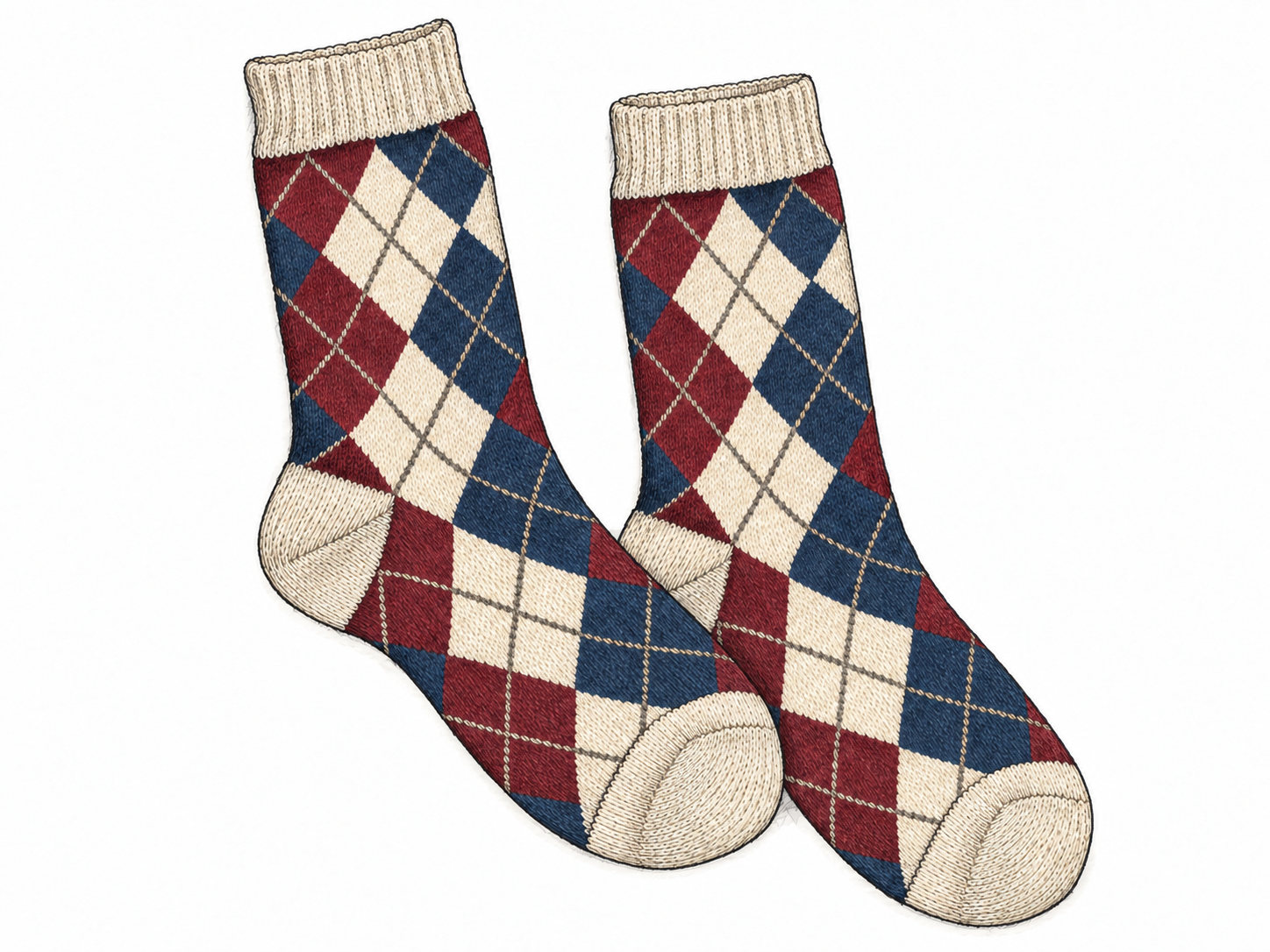 A neatly laid-out pair of knitted socks displaying large interlocking colored diamonds crossed by thin diagonal lines, making the argyle pattern immediately recognizable.
