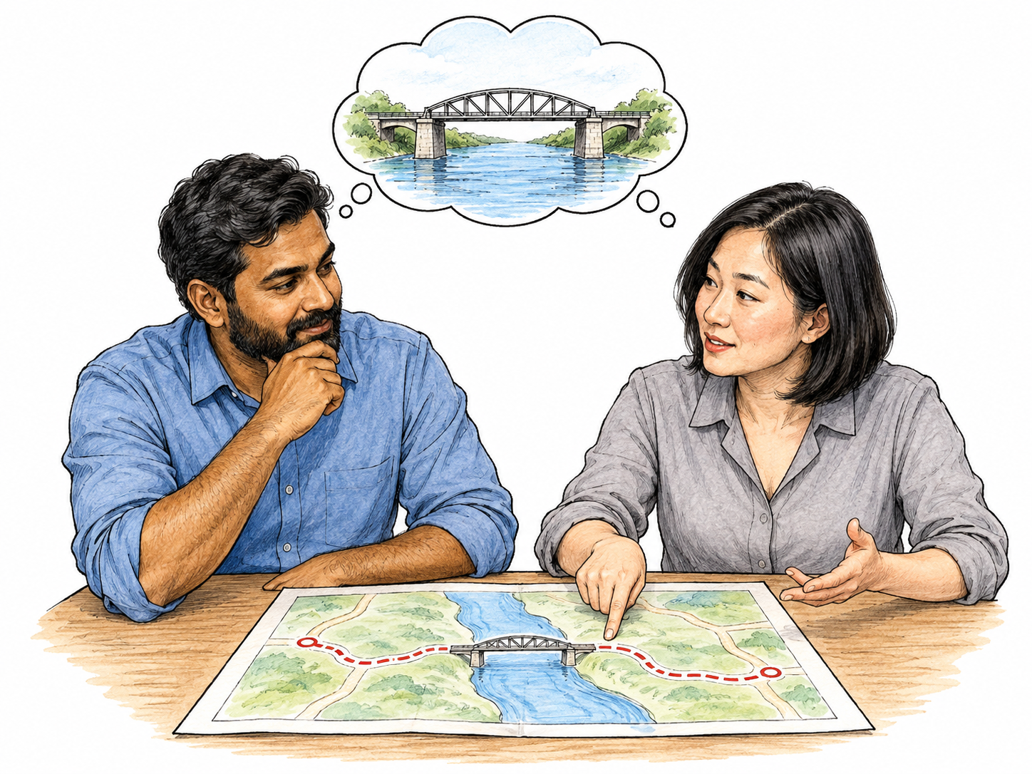 Two colleagues discuss route with simple diagram on table; shared thought bubble shows bridge they take for granted, while route map visibly depends on that bridge joining river banks.