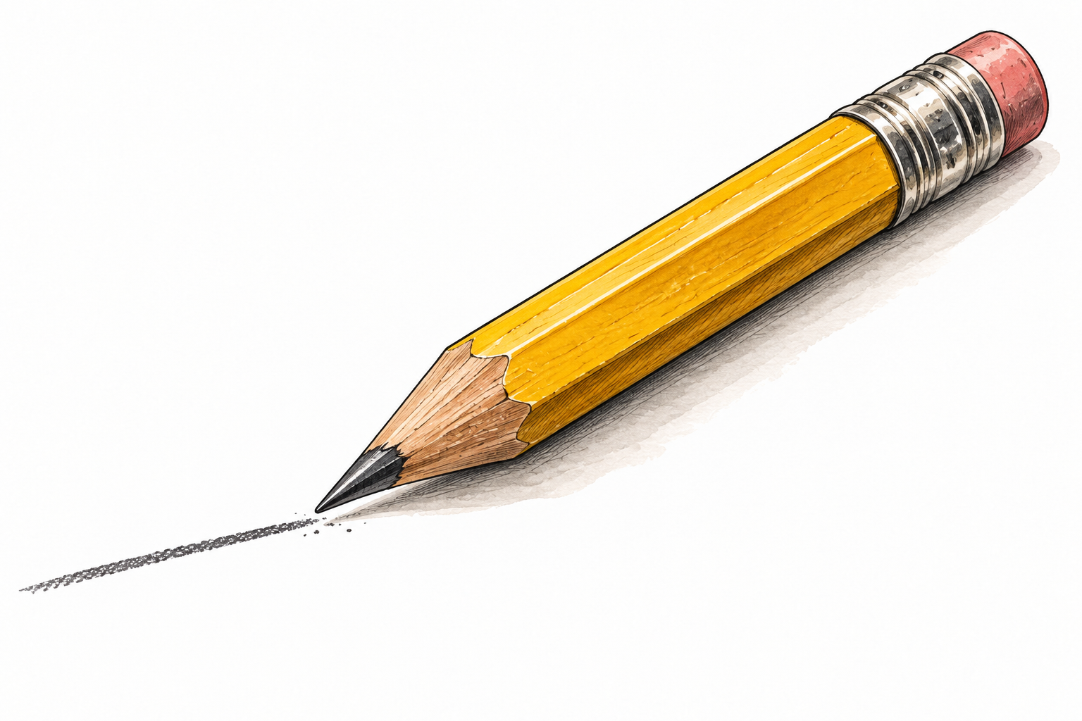 A sharpened wooden pencil exposes its dark graphite core beside a short written line.