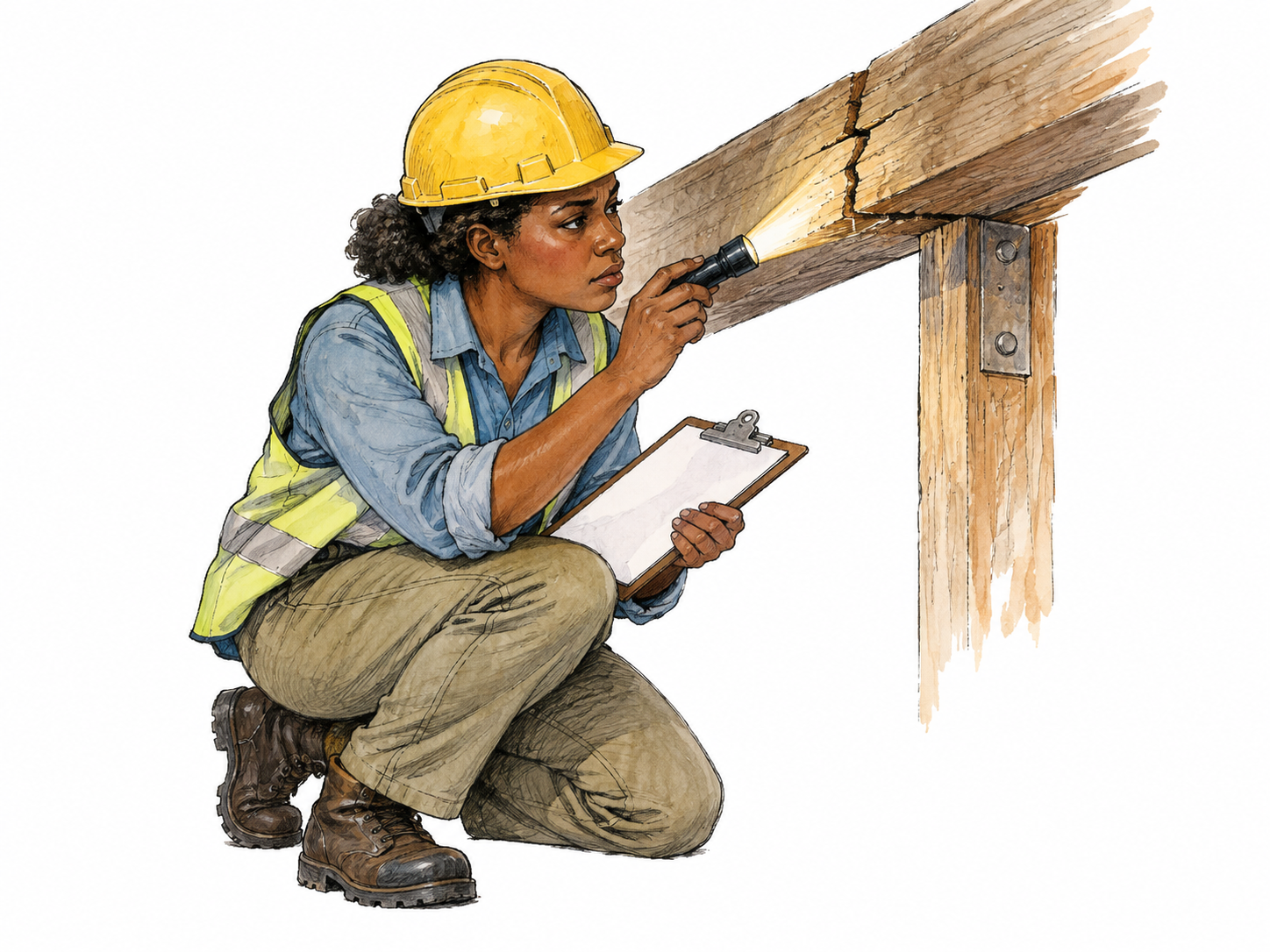 Building inspector carefully examines a cracked beam with flashlight and blank checklist, professional checking condition.