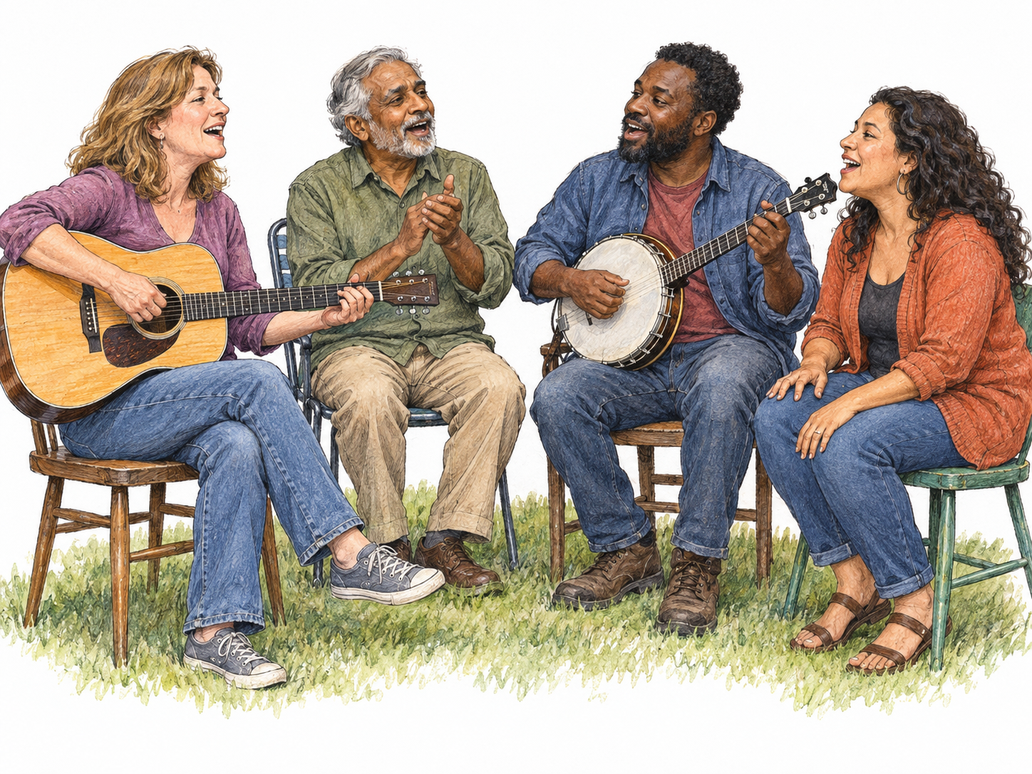 Four casually dressed friends sit in a loose backyard circle, singing together while two play acoustic guitar and banjo.