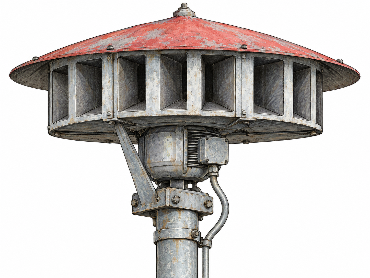 A close, three-quarter view of a recognizable outdoor mechanical warning siren: a cylindrical slotted rotor housing beneath a broad weather cap, mounted on a short pole with an electric motor and conduit.