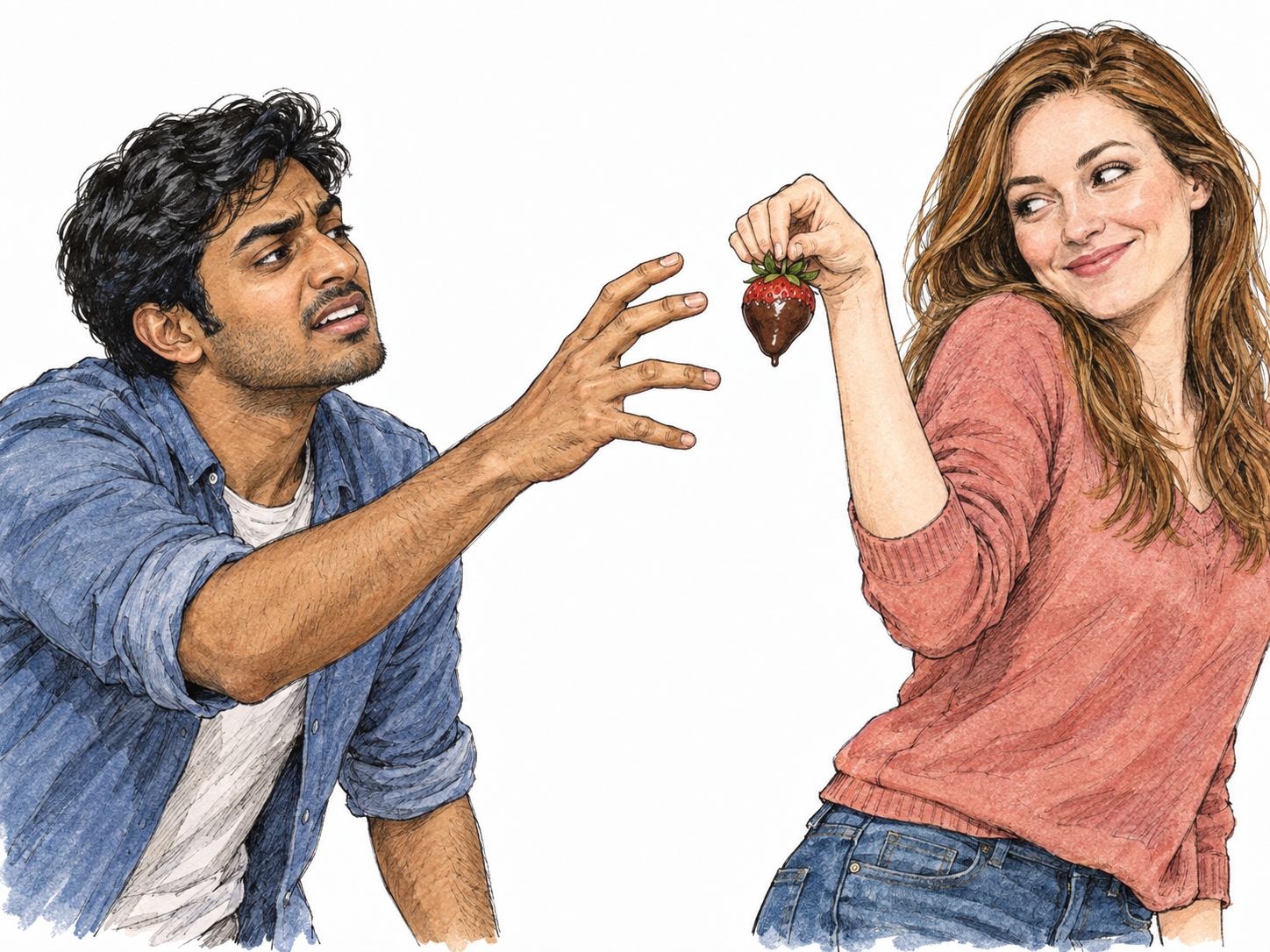 A woman playfully holds an appetizing chocolate-dipped strawberry just beyond a man's reaching fingers, visibly drawing it away as he leans forward eagerly.