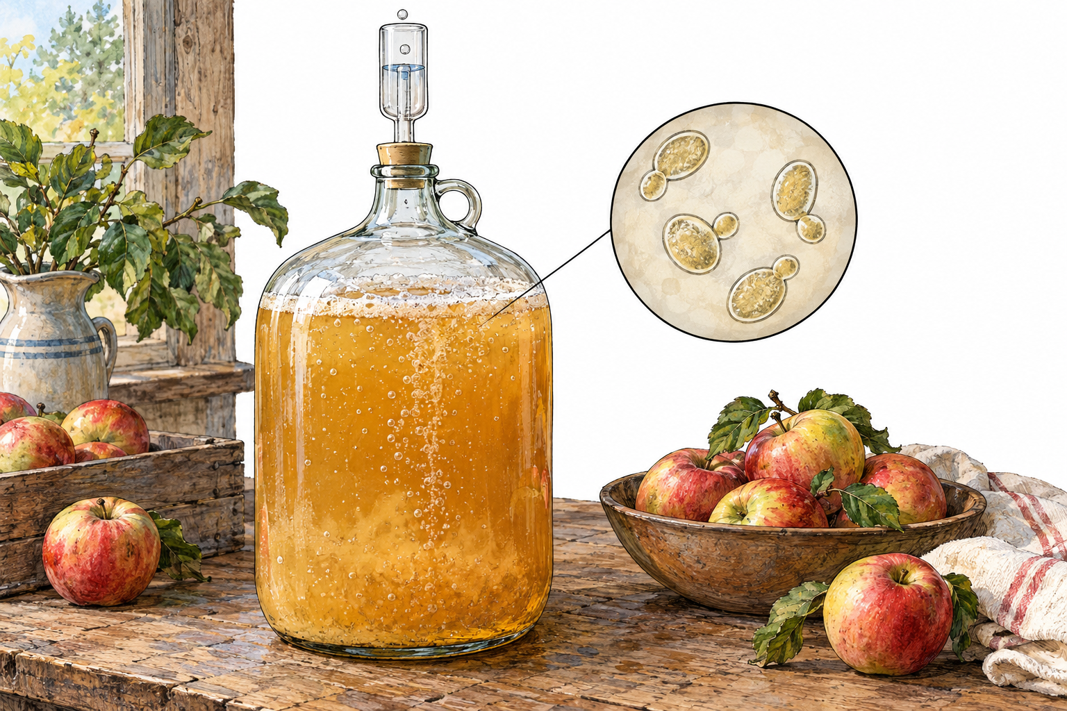 A large glass vessel of cloudy golden apple cider actively fermenting, fine bubbles and a little foam at surface, a simple water airlock releasing a bubble at top, apples in a shallow bowl beside it.