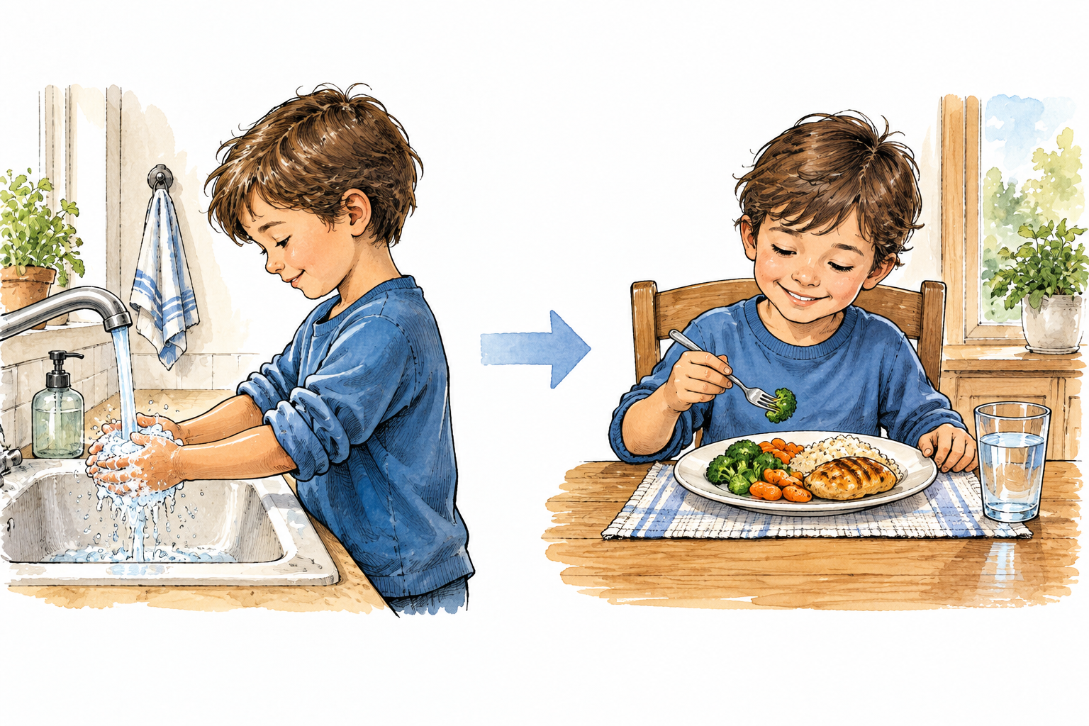 Two simple sequential panels: child washes hands first, then sits for a meal, clear earlier action shown on left before eating on right, no words or numbers.