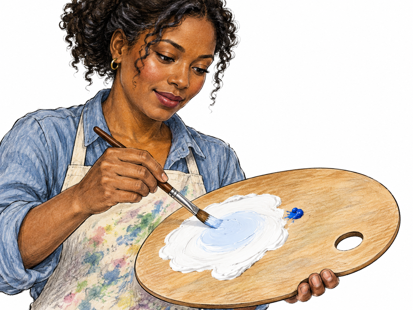 An artist mixes one tiny dab of blue into a large pool of white paint on a plain palette, producing a visibly very pale blue tint; one brush, natural hand, no writing.