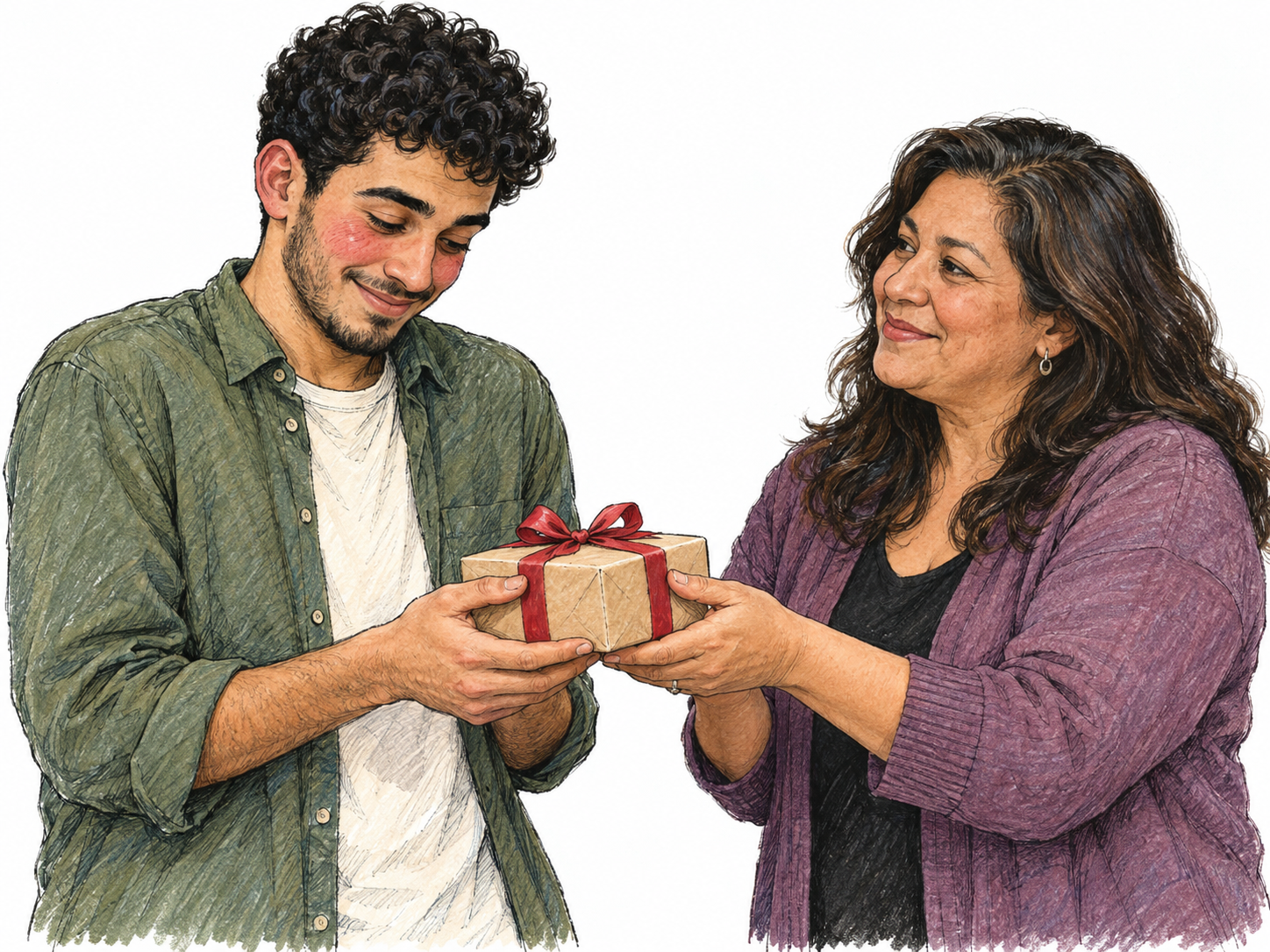 A young man blushes while receiving a small gift: visibly pink cheeks and ears, a shy downward glance, and a restrained, embarrassed smile make the emotional facial redness the focus.