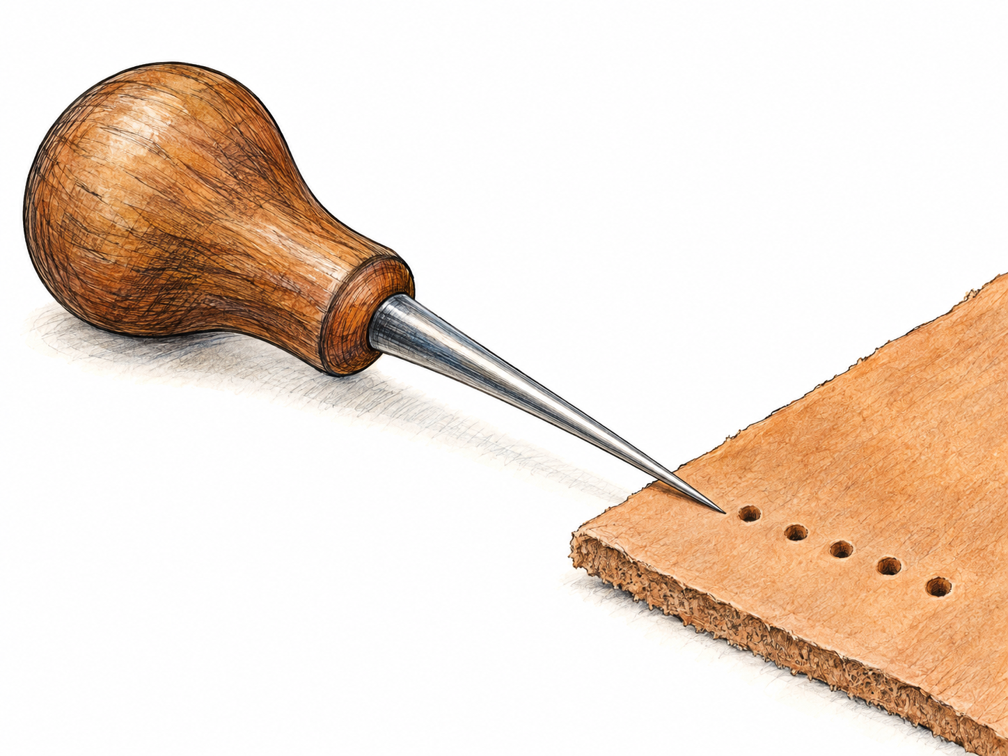 A clearly recognizable awl beside a small piece of thick leather with freshly pierced round holes; its wooden grip and long, sharp steel point dominate the image.