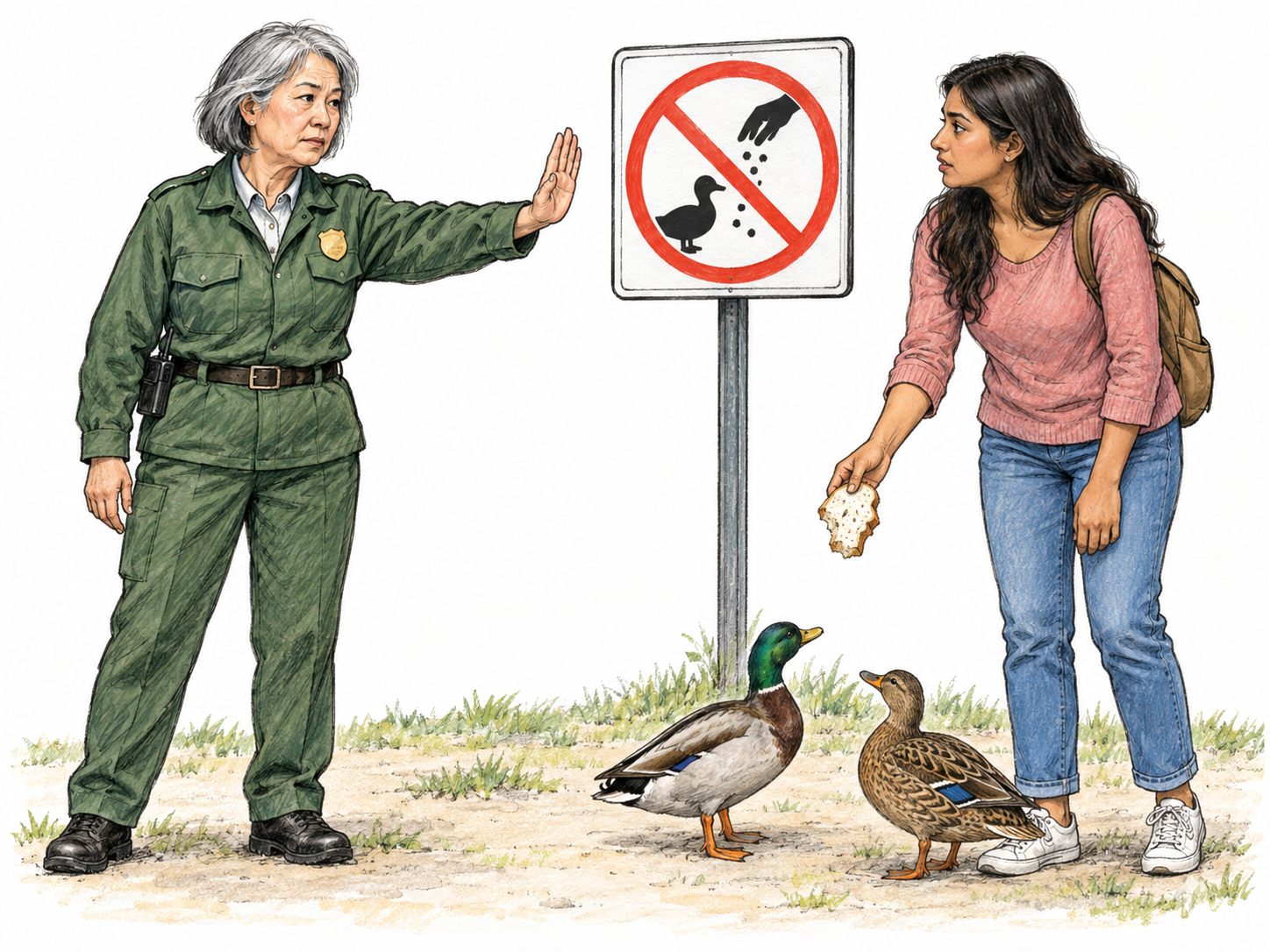 A uniformed park official stops a visitor from feeding ducks, beside a clearly visible pictographic no-feeding sign.