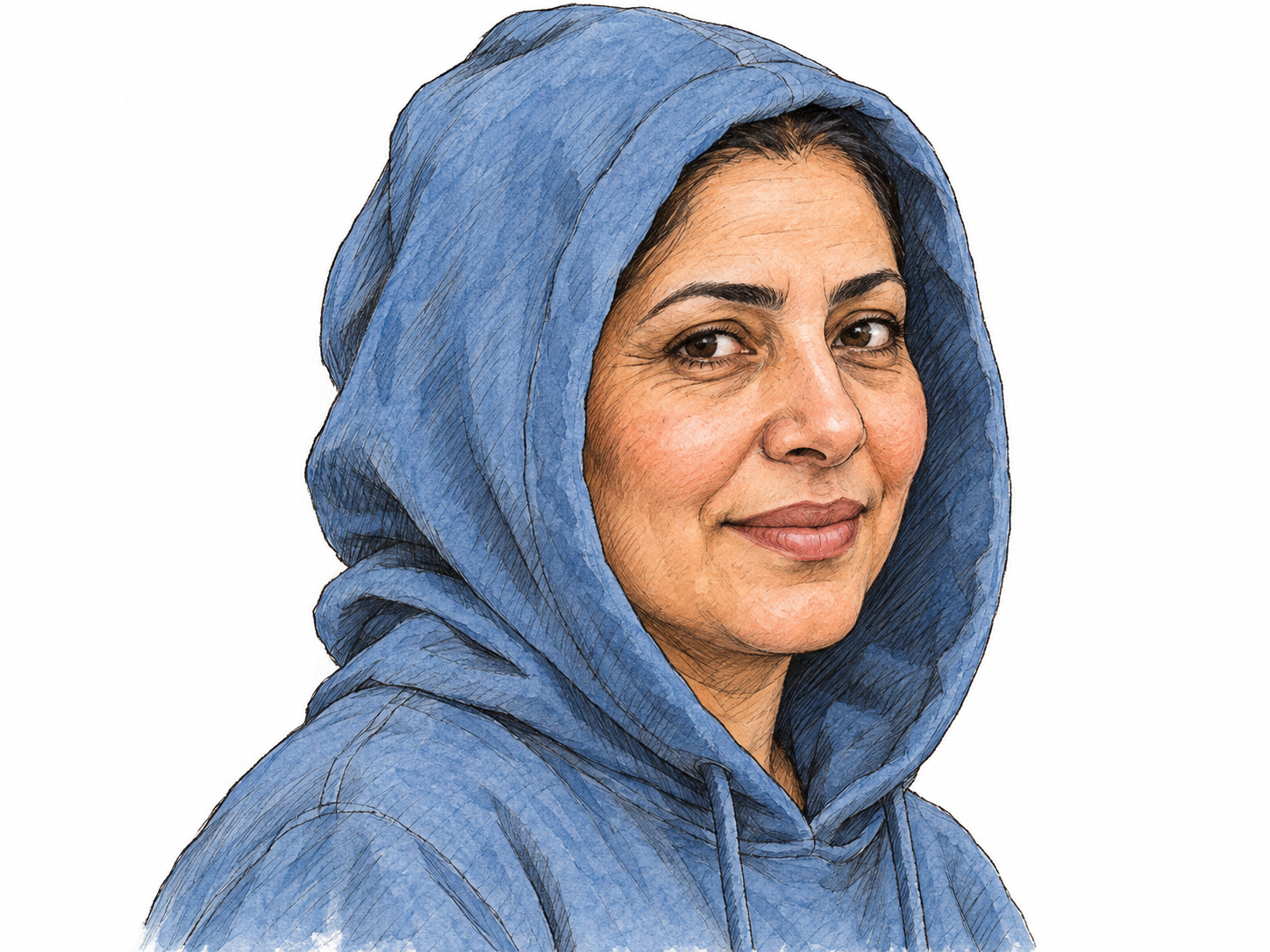 A close three-quarter view of a middle-aged Middle Eastern or North African woman wearing a soft fabric hood raised over her head, with its folds clearly covering the back and sides of her neck.
