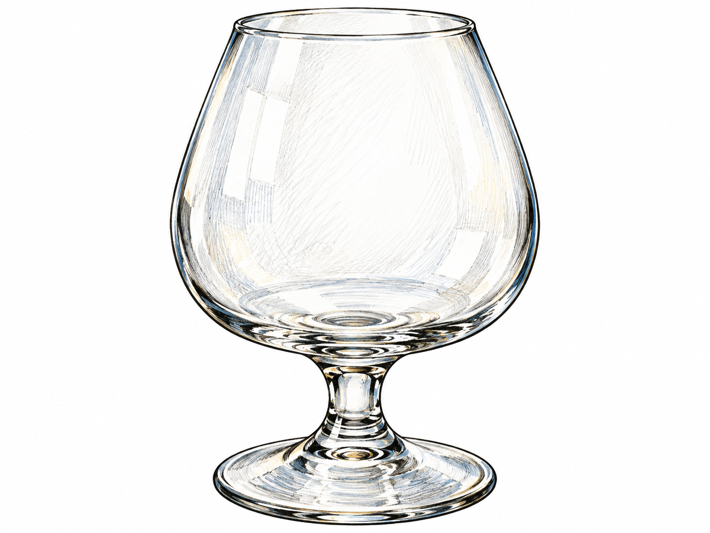 An empty clear brandy snifter shows a wide rounded bowl, short stem and narrower rim; glass form central, no drinking person or brand.