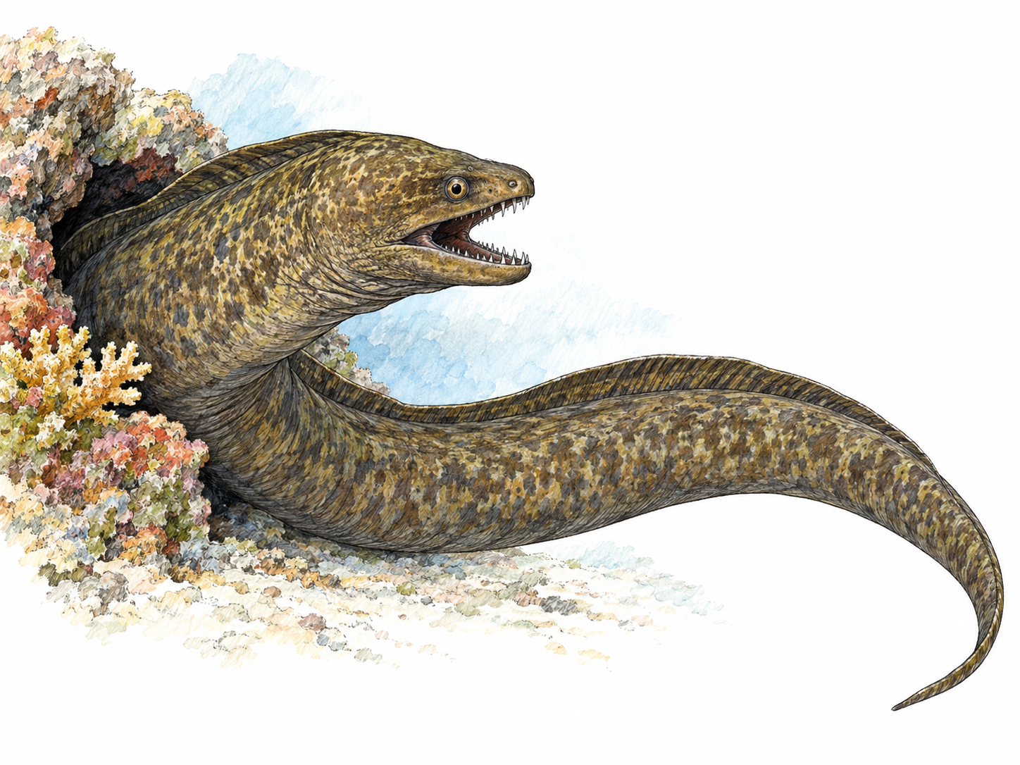 A single moray eel curves out of a small tropical reef crevice, with its long fin-edged body and open, sharp-toothed jaws clearly visible.