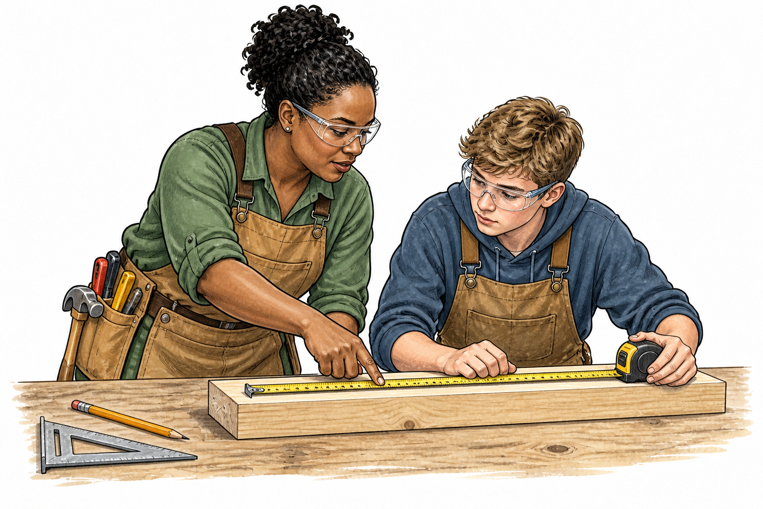 A Black female carpenter demonstrates safe measuring technique to a white teenage apprentice.