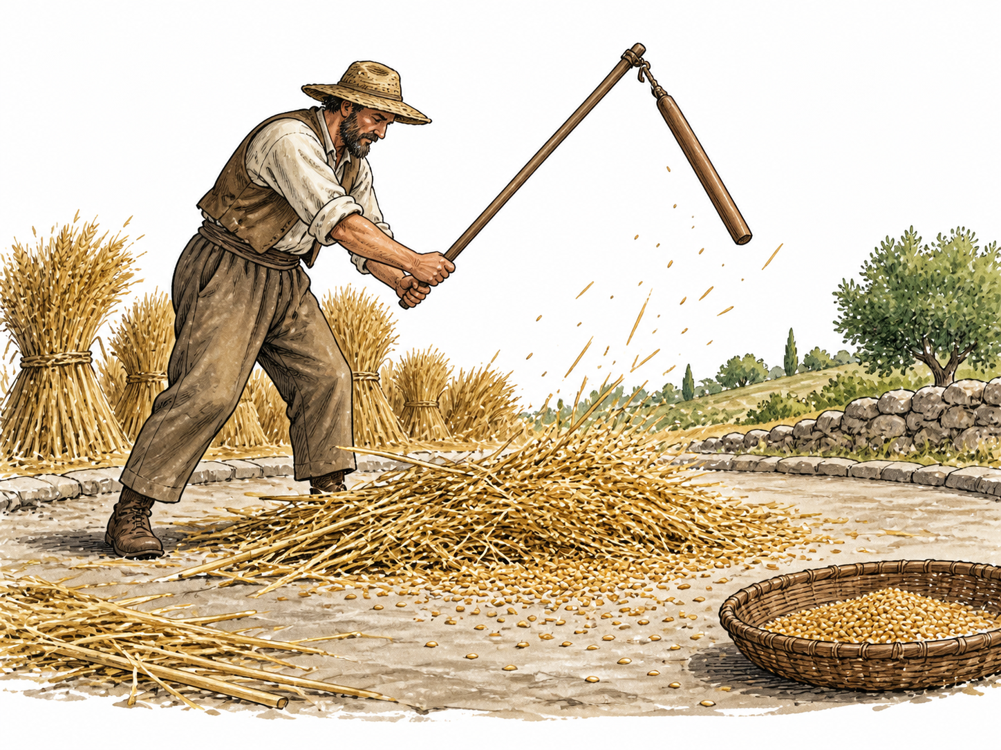 Farmer separates grain from stalks using flail on threshing floor.