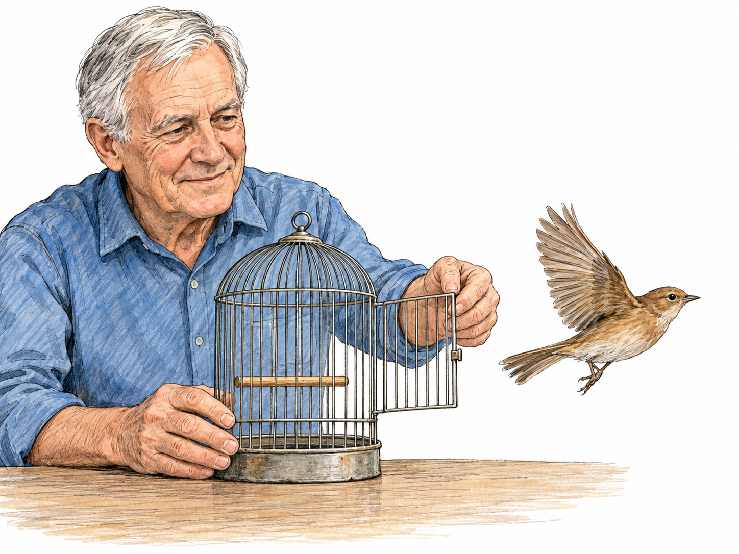 An older man opens a small birdcage and withdraws his hand as a bird flies through the open doorway into free space.