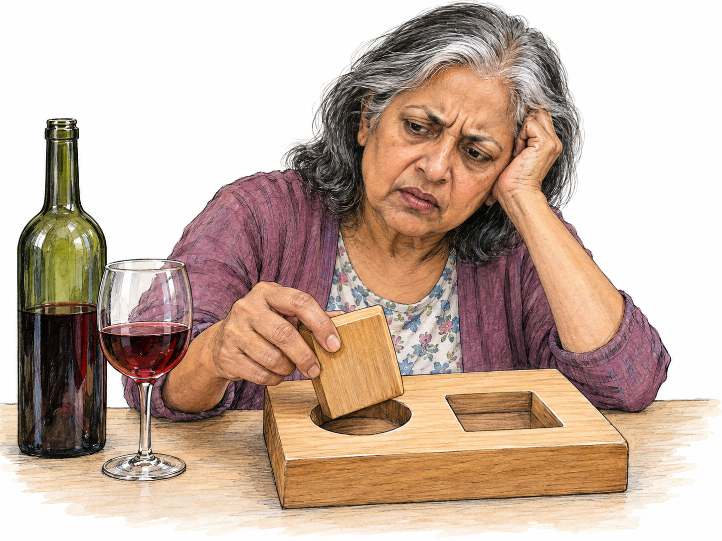 Alcohol muddles a woman's concentration: beside a partly drunk glass of wine, she looks bewildered while trying to fit a large square puzzle piece into an unmistakably round opening.