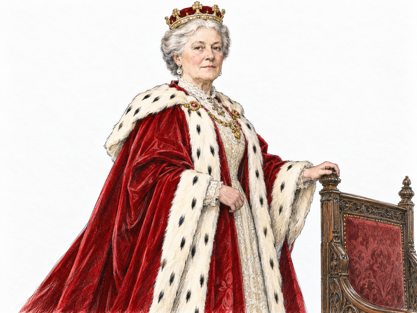 An older British noblewoman in formal peeress robes and a small coronet, posed with composed dignity beside a carved ceremonial chair.