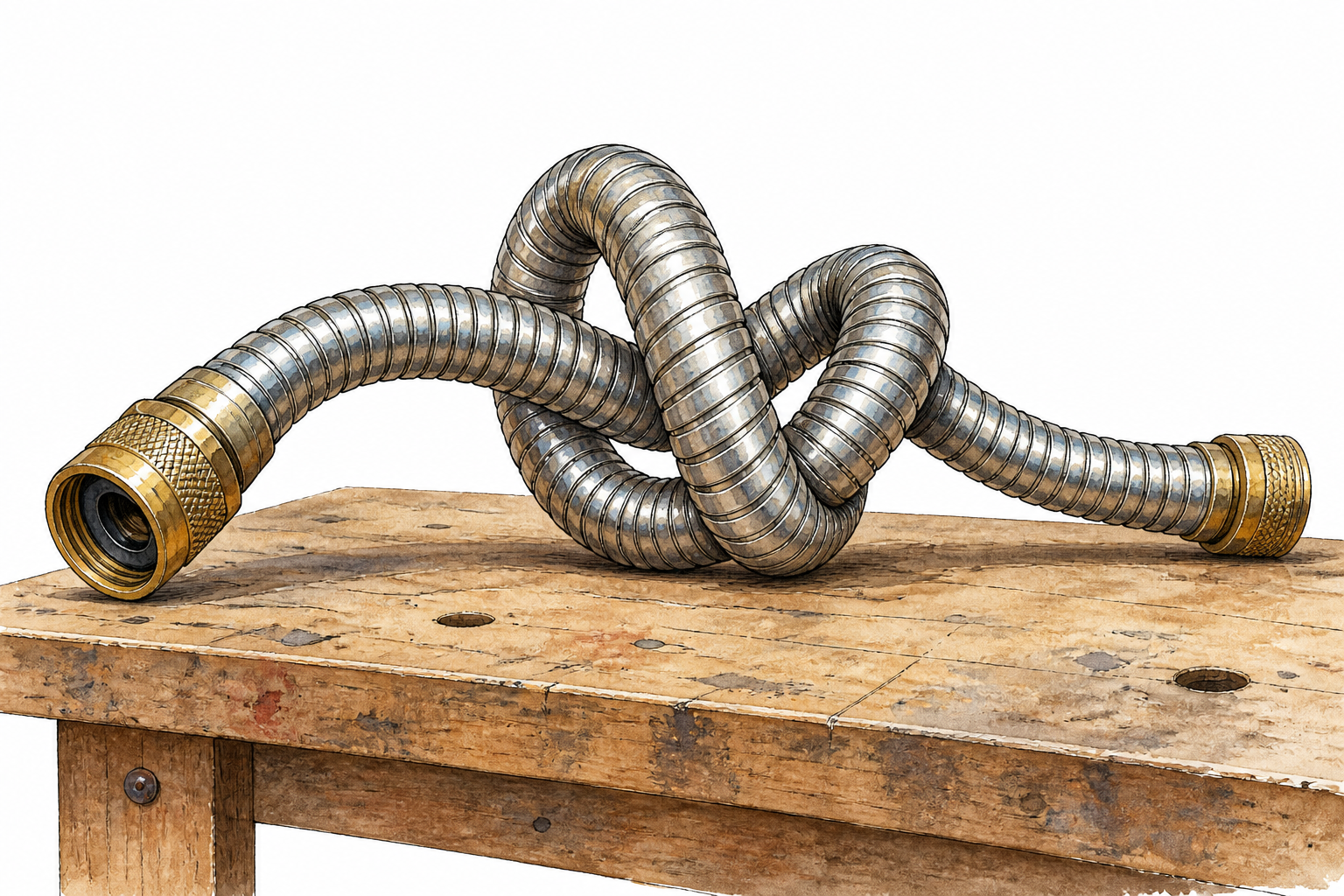Strong hands twist a soft rubber tube into a sharply distorted corkscrew shape, faint original straight outline beside it.