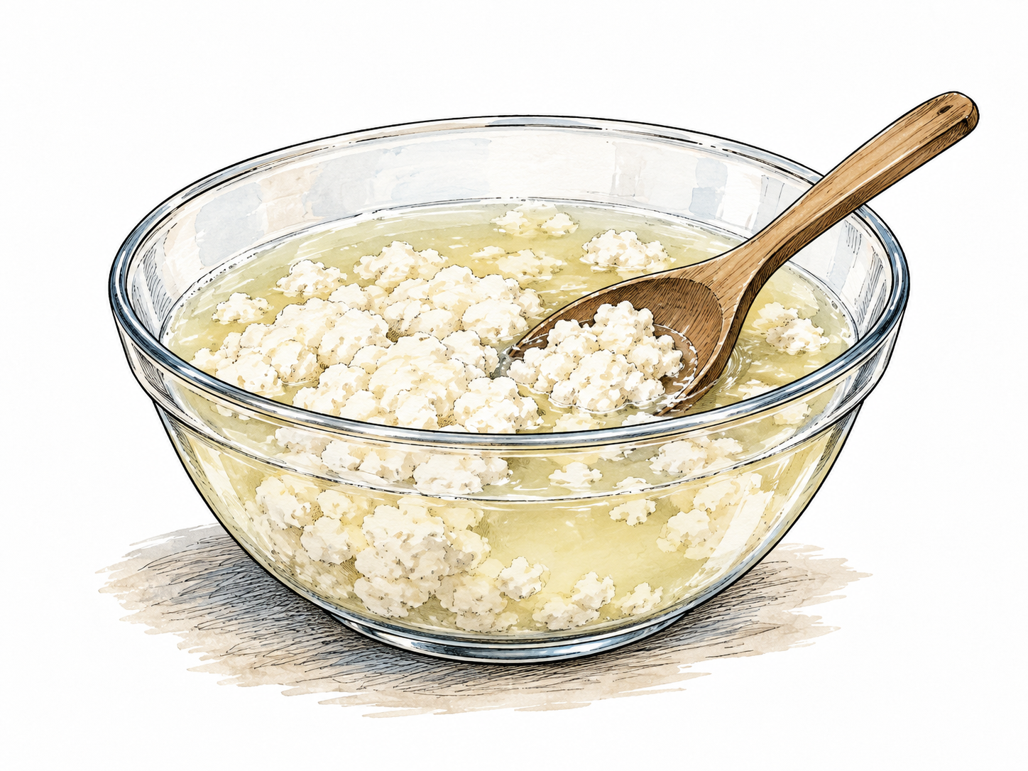 Milk visibly separates into clumps of white curds and pale whey in a glass bowl with a resting spoon.