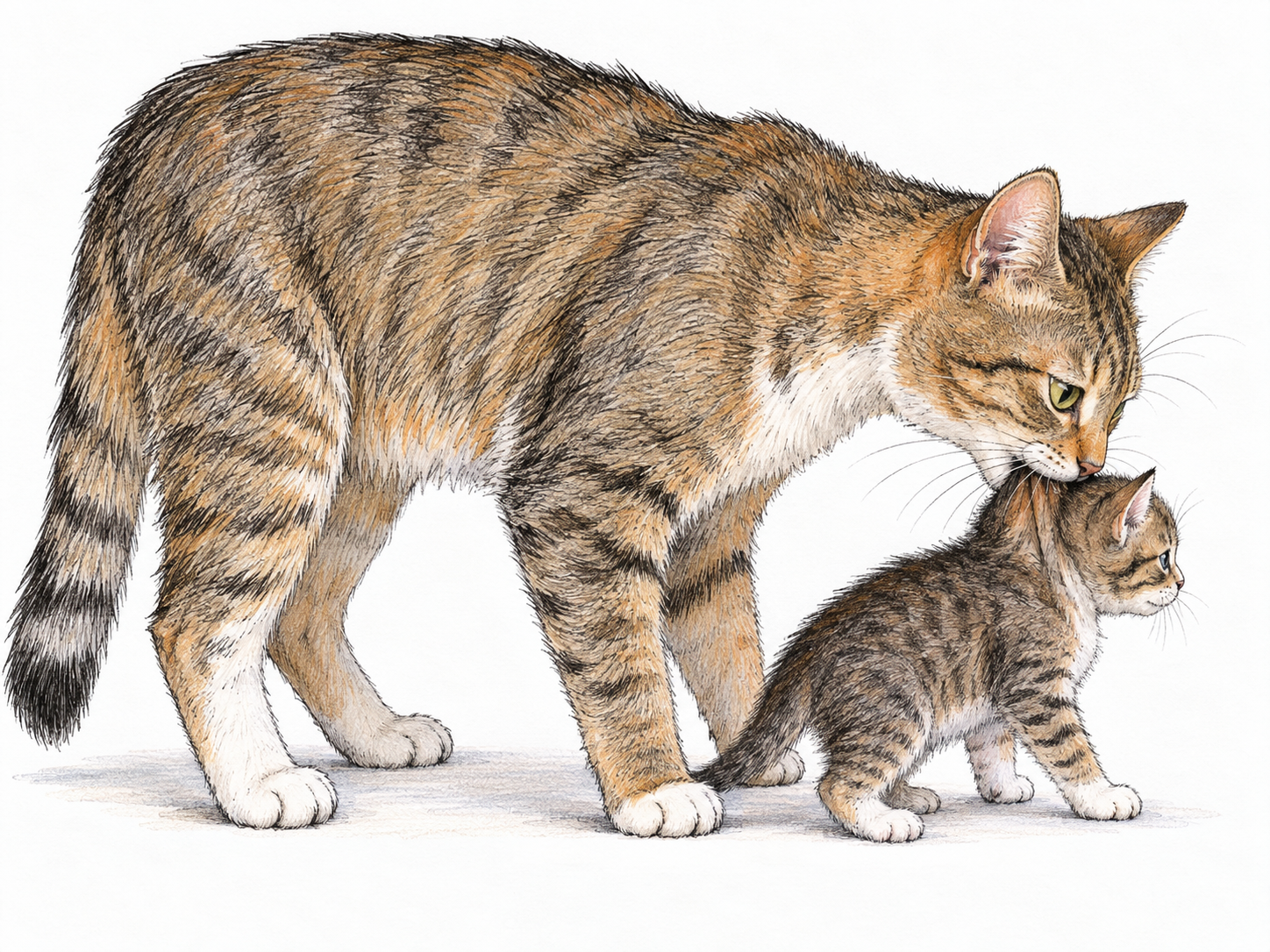 A mother cat gently grips the loose skin at the back of her kitten’s neck, with the nape clearly exposed in side view.