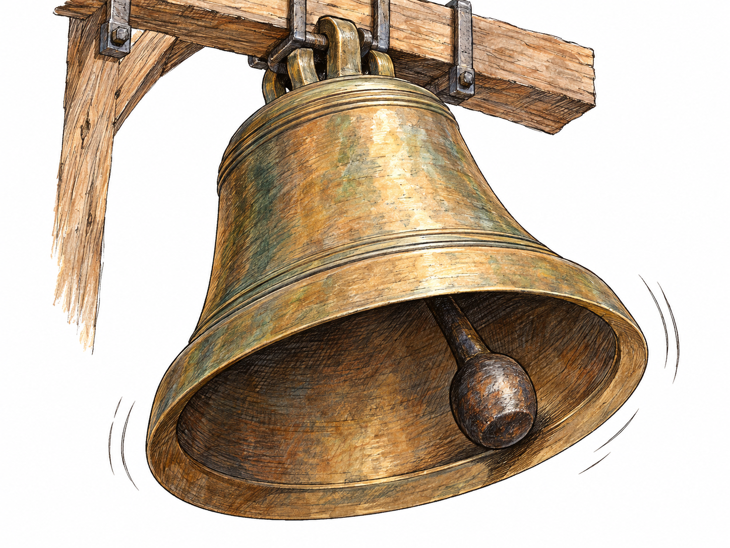 A massive bronze bell caught ringing, with its clapper contacting the thick rim and subtle vibration marks suggesting sustained resonance.