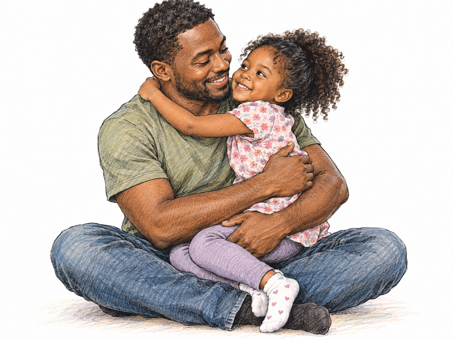 A father seated on the floor welcomes his small daughter into a close, affectionate hug, showing an ordinary informal parent–child bond.