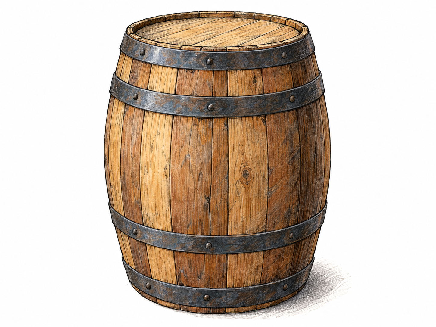 A single upright wooden barrel shown in three-quarter view, with a broad curved belly, narrower flat ends, visible staves, and iron hoops.