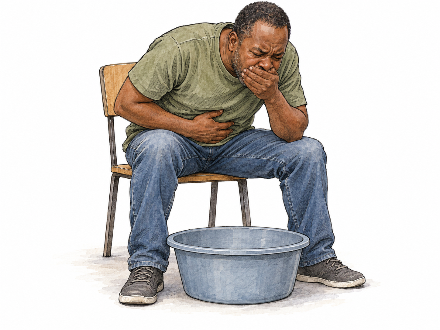 A queasy man leans over an empty basin, one hand pressed to his upper stomach and the other covering his mouth, visibly fighting the urge to vomit.