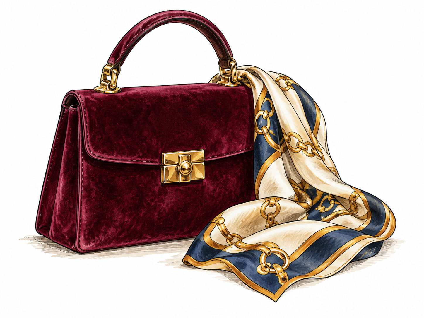 Elegant velvet handbag with fine gold clasp beside silk scarf, restrained upscale still life, no words.