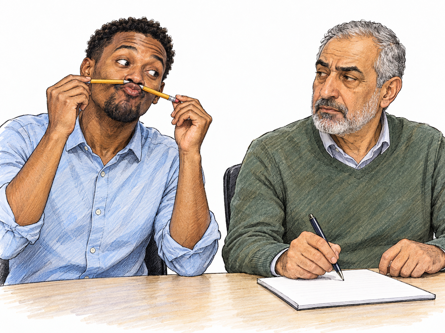 During an otherwise sober office meeting, a young man makes a silly face with two pencils held beneath his nose like an exaggerated mustache, while an older colleague pauses his work and gives him an unimpressed look.