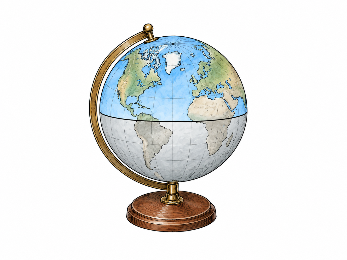 Simplified globe with northern hemisphere lightly highlighted blue, equator thin line, north pole visible, no labels.