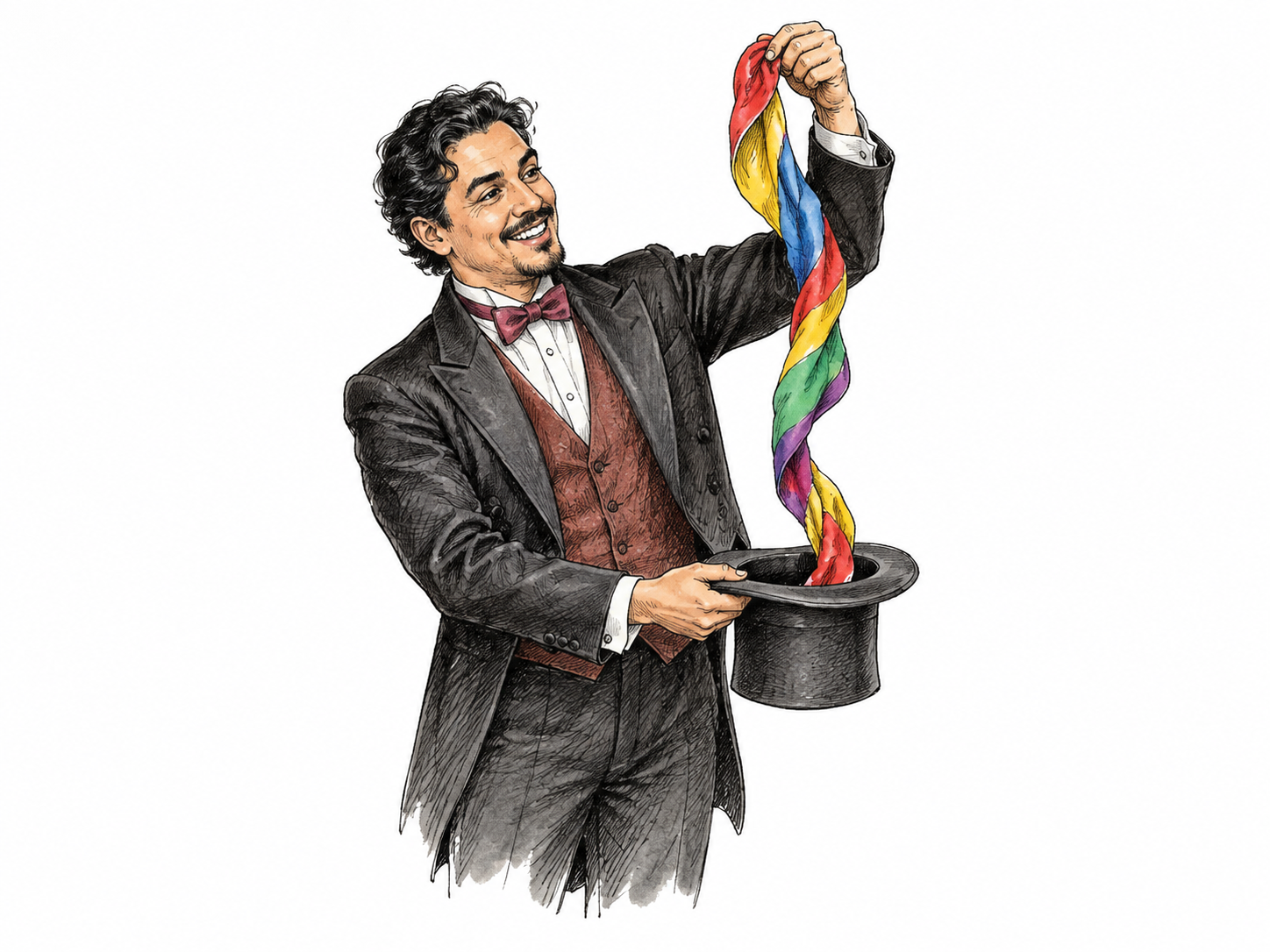 Stage illusionist draws a long colorful silk ribbon from an apparently empty hat, theatrical surprise, no real supernatural glow.